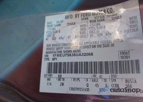 2008 Ford Explorer Limited z USA, uszkodzony, nr VIN 1FMEU75838UA32068